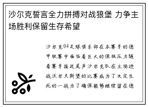 沙尔克誓言全力拼搏对战狼堡 力争主场胜利保留生存希望